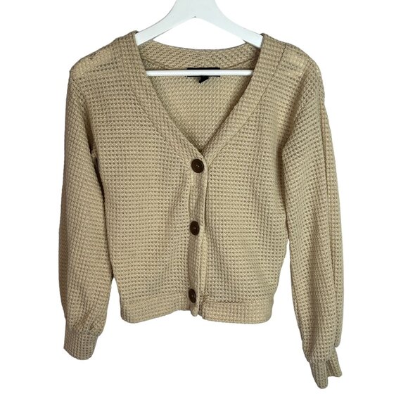 Derek Heart Top Womens Small Cardigan Button Down Waffle Knit Tan Brown Casual - Picture 1 of 15